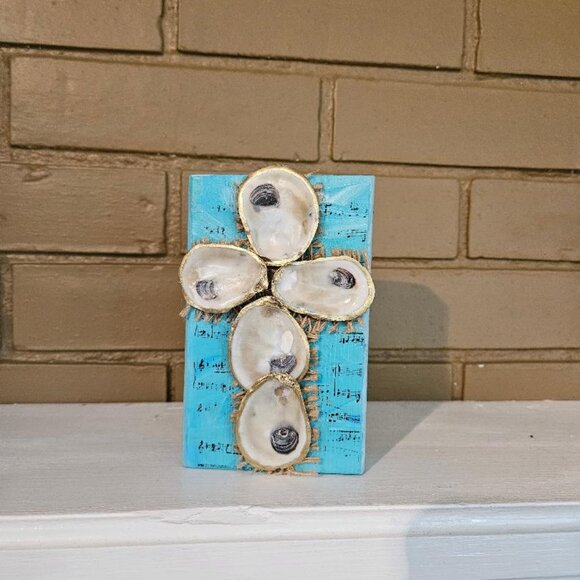 Hand Crafted -Decorative Beach Art Shell Cross Shelf Sitter with Gold Edges - Picture 2 of 4